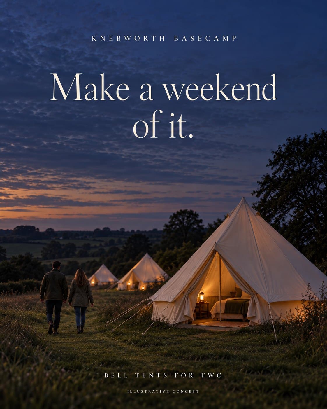 Knebworth Basecamp: Make a weekend of it. Bell tents for two. Illustrative concept.