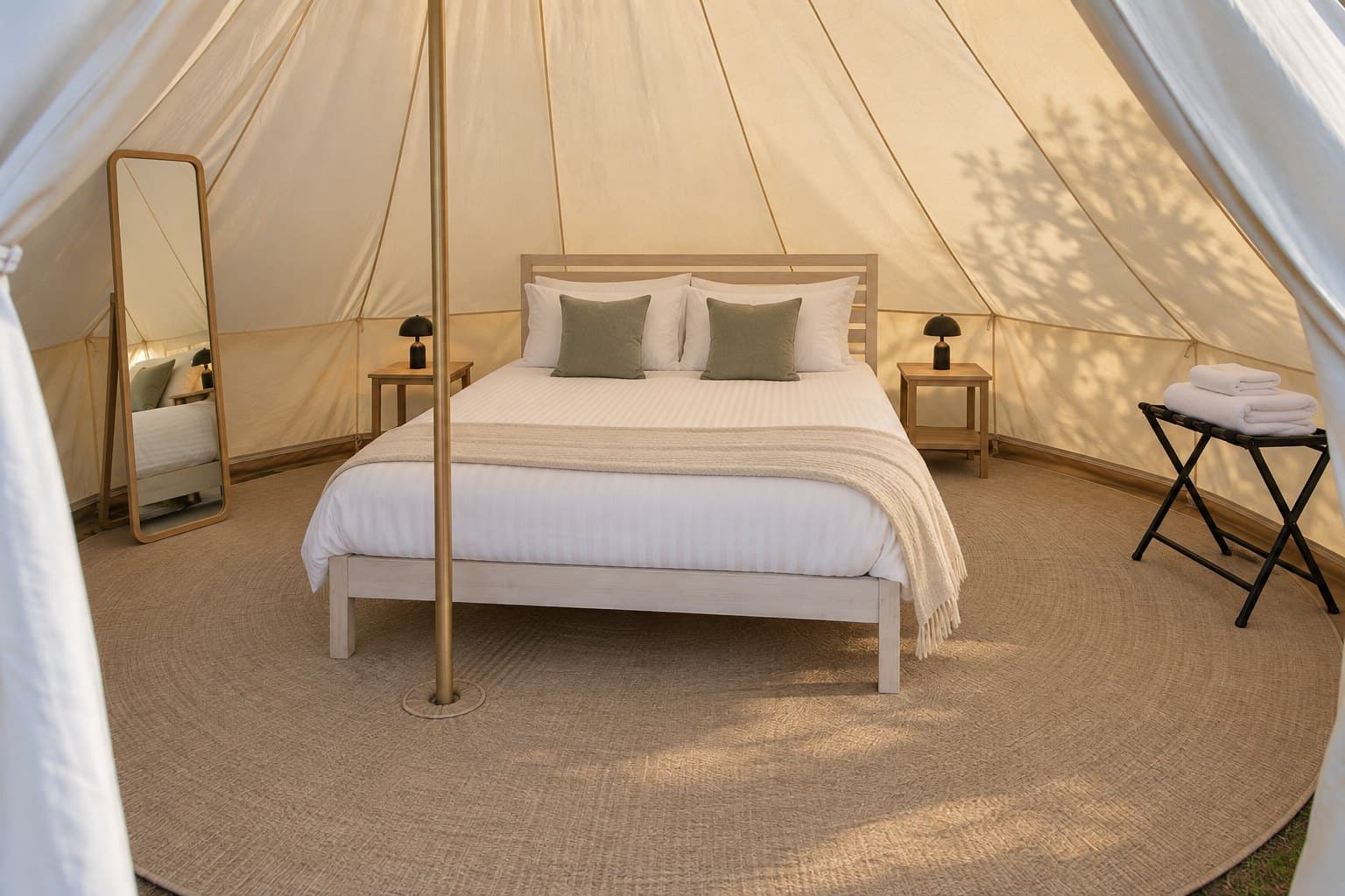 Illustrative cream bell-tent interior with a white wooden double bed made up in crisp linen, two bedside tables with lamps, a round jute rug and a full-length mirror.